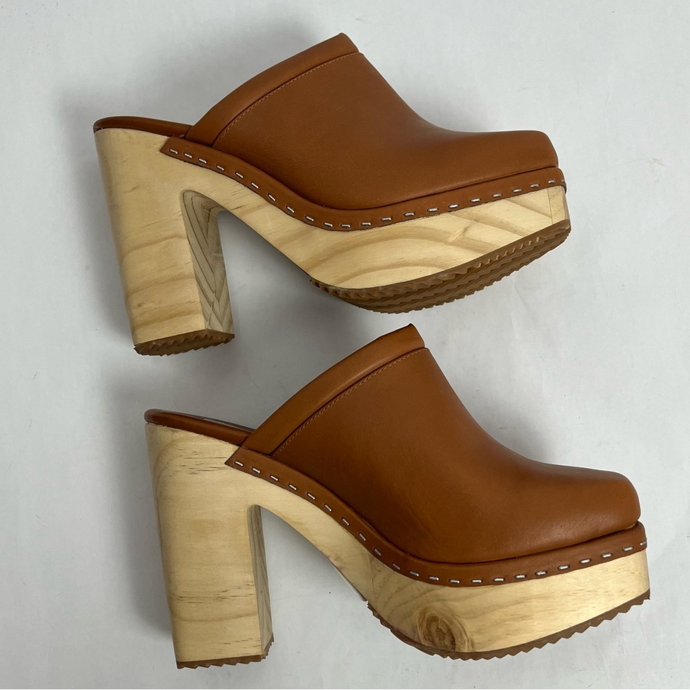 Steve Madden Cognac Leather Brown Platform Clog Mules - Picture 8 of 9